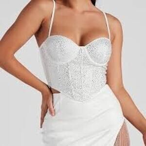 NWT S  white rhinestone corset top Windsor structured bust cups Bustier Bodycon